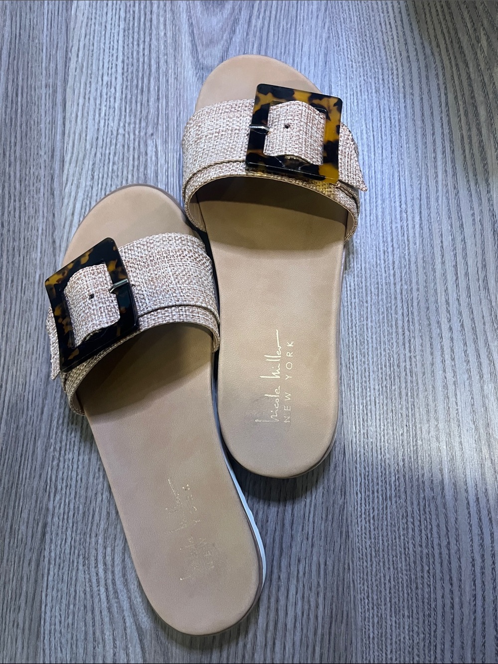 Nicole Miller New York Beige Slide Sandals with Tortoiseshell Buckle